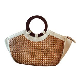 Elegant Canvas and Rattan Tan and Brown Woven Handbag and Wooden Handles